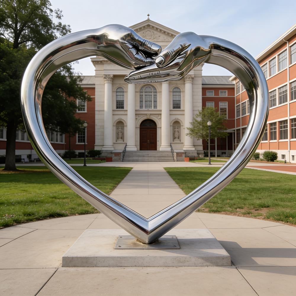 Contemporary heart‑form sculpture made of metal, with two hands joining at the upper point
