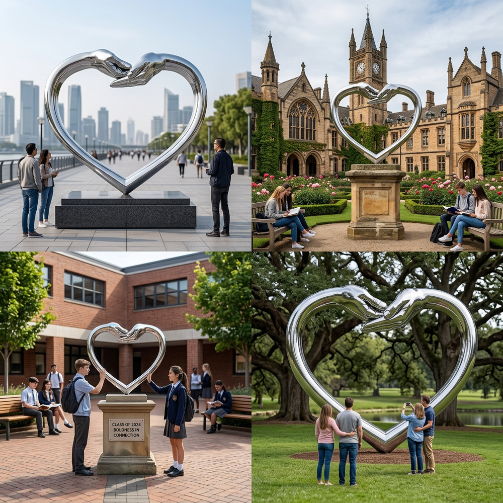 Large metal heart sculpture with detailed hands at the top, placed before a traditional building façade