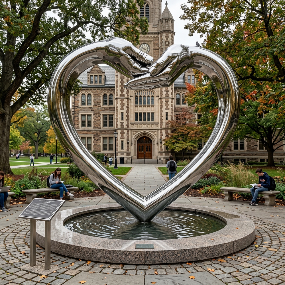 Modern symbolic sculpture of a heart formed by two hands, mounted on a pedestal in an institutional setting