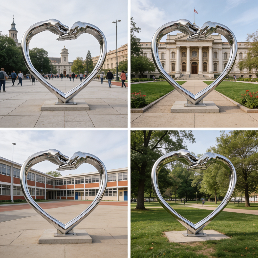 Modern symbolic sculpture of a heart formed by two hands, mounted on a pedestal in an institutional setting