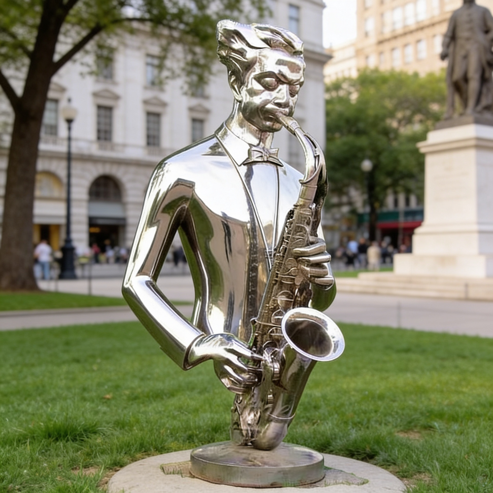 Contemporary abstract saxophone sculpture with mirrored surfaces and stylized human elements