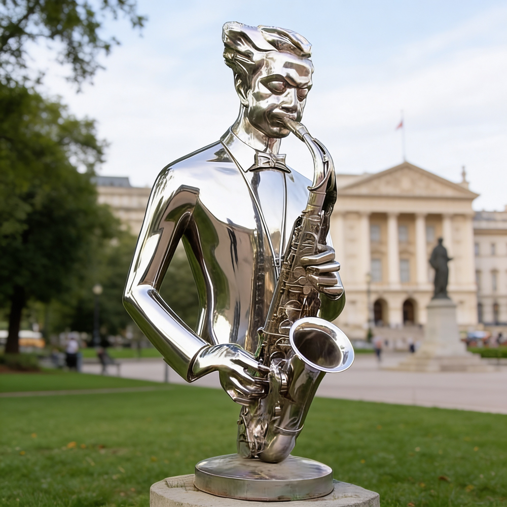 Abstract musician sculpture featuring reflective metal surfaces and disjointed head and hands