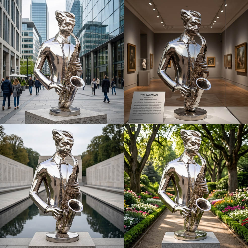 Modern metal artwork depicting a saxophone with emerging hands and a floating human head