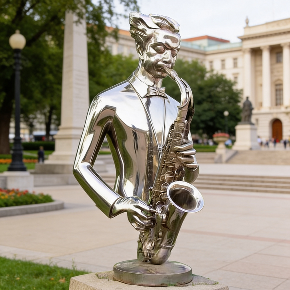 Metallic sculpture of a person playing a saxophone in an outdoor setting with a building and trees in the background.