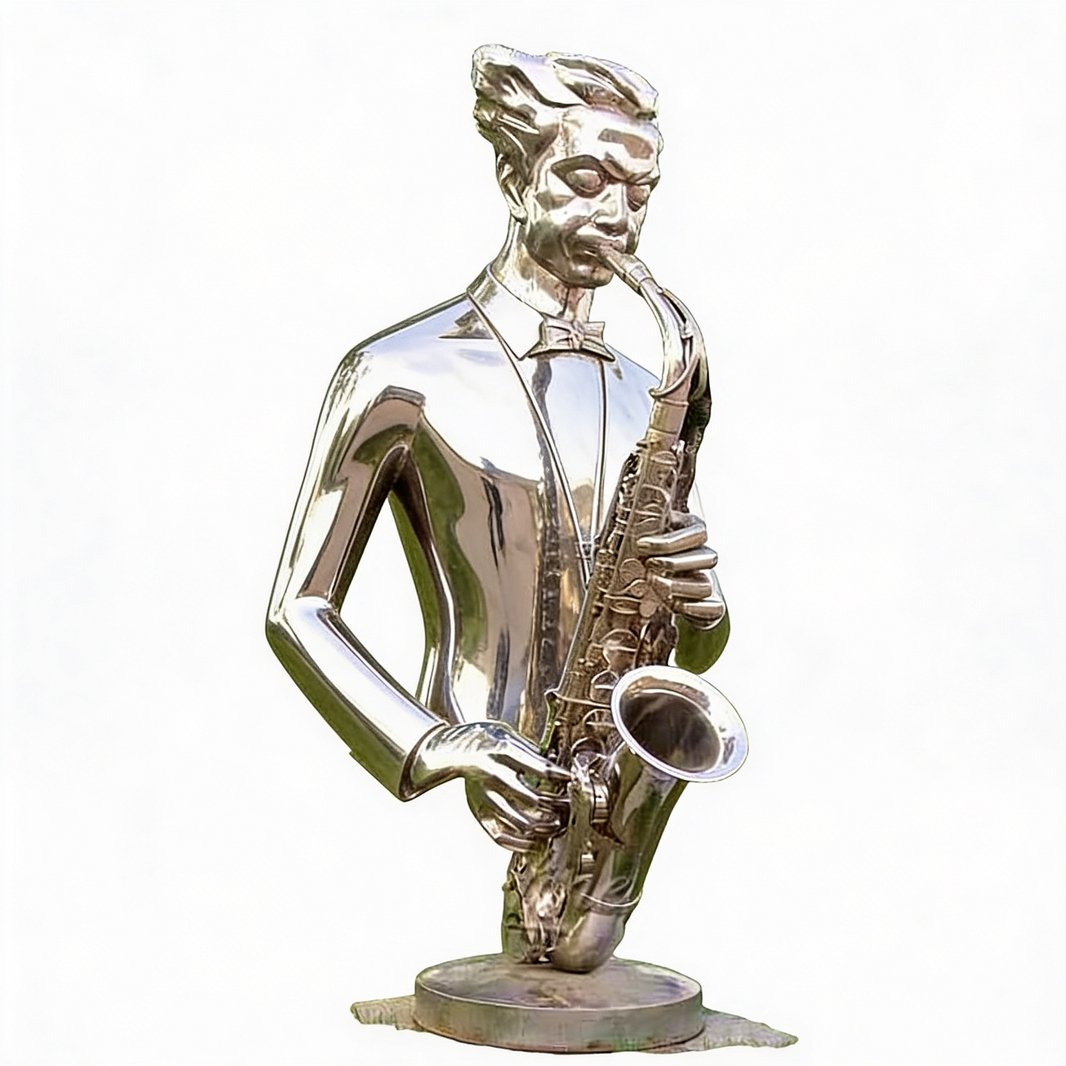 Polished metal sculpture of a stylized saxophone player with floating head and hands