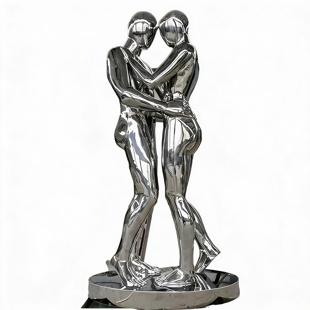 Polished Metal Embracing Couple Sculpture with Smooth Reflective Abstract Design – TAIMCO Model # MSC1319
