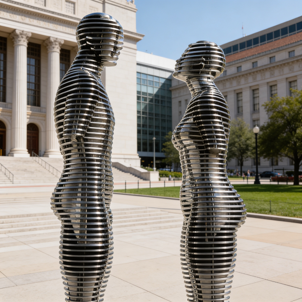 Reflective metallic artwork featuring ring‑layer human silhouettes facing each other.