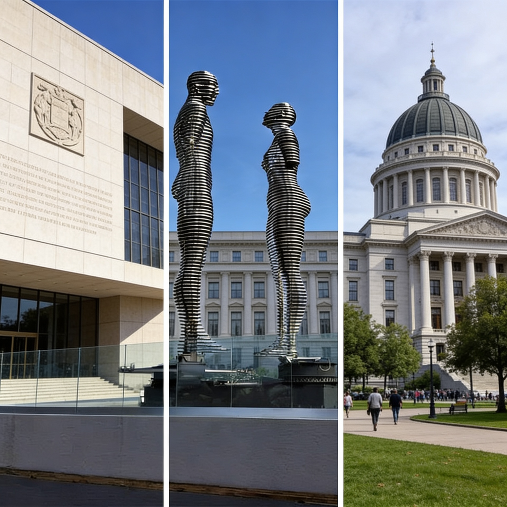 Three images: a building with a sculpture, a large sculpture of two people, and a capitol building.