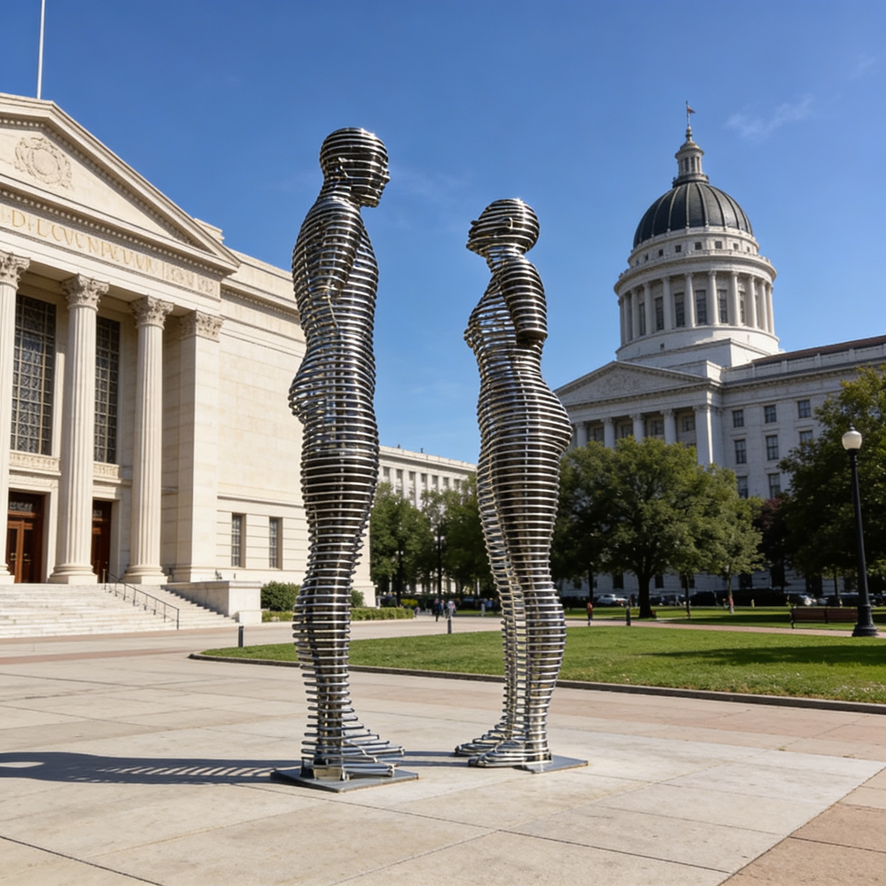 Geometric metal sculpture featuring human shapes formed by spaced metallic rings