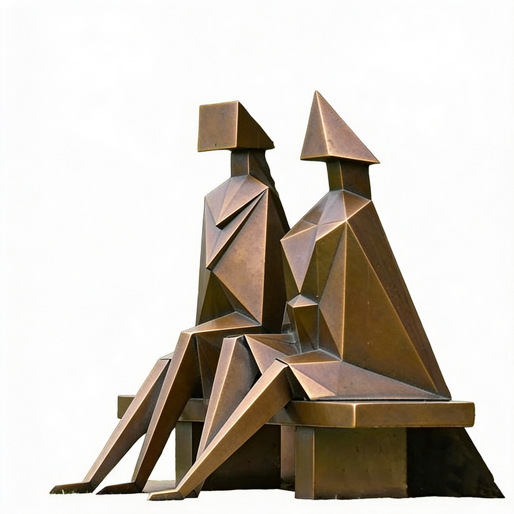 Bronze sculpture of two abstract figures sitting on a bench
Bronze geometric sculpture of two abstract seated human figures on a bench