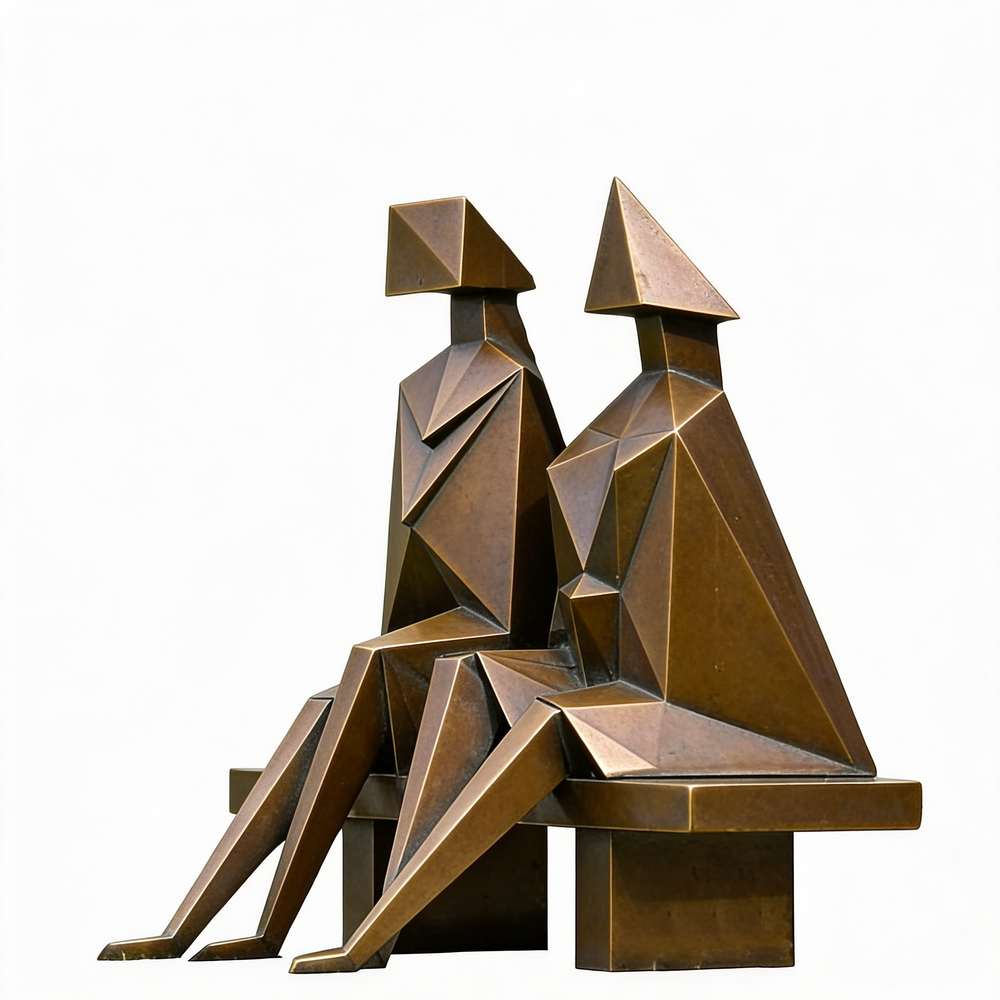 Bronze sculpture of two abstract figures sitting on a bench
Abstract geometric figures sculpture with sharp faceted surfaces and metallic finish