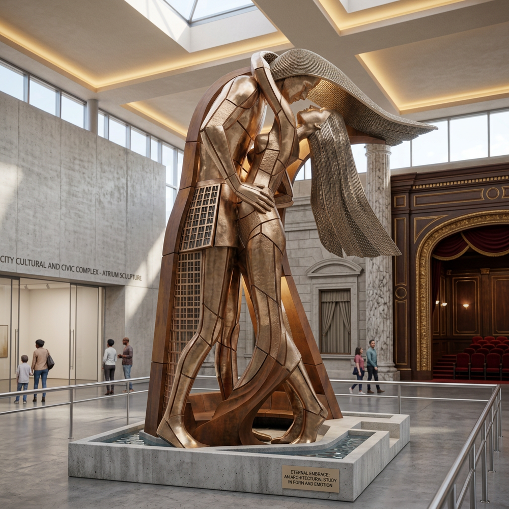 Modern faceted metal artwork depicting an embracing couple with angular forms.