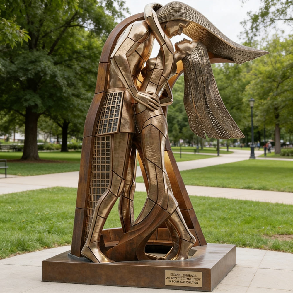 Bronze sculpture of a person holding a guitar in a park setting
Bronze‑finish sculpture of two geometric figures connected in a unified pose
