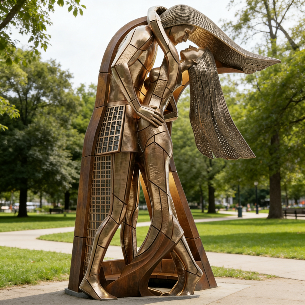Bronze sculpture of a person holding a book in a park setting
Modern abstract embrace sculpture with faceted surfaces and elongated human forms