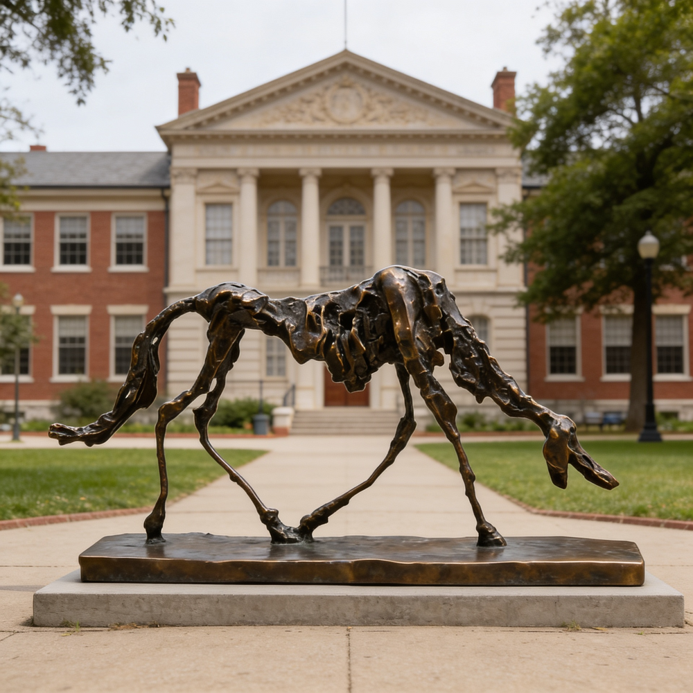 Contemporary bronze horse statue with fragmented skeletal design displayed in an outdoor setting