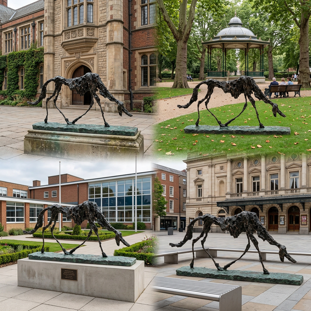 Abstract equine sculpture cast in bronze, showcasing a skeletal open‑frame interpretation of a horse.