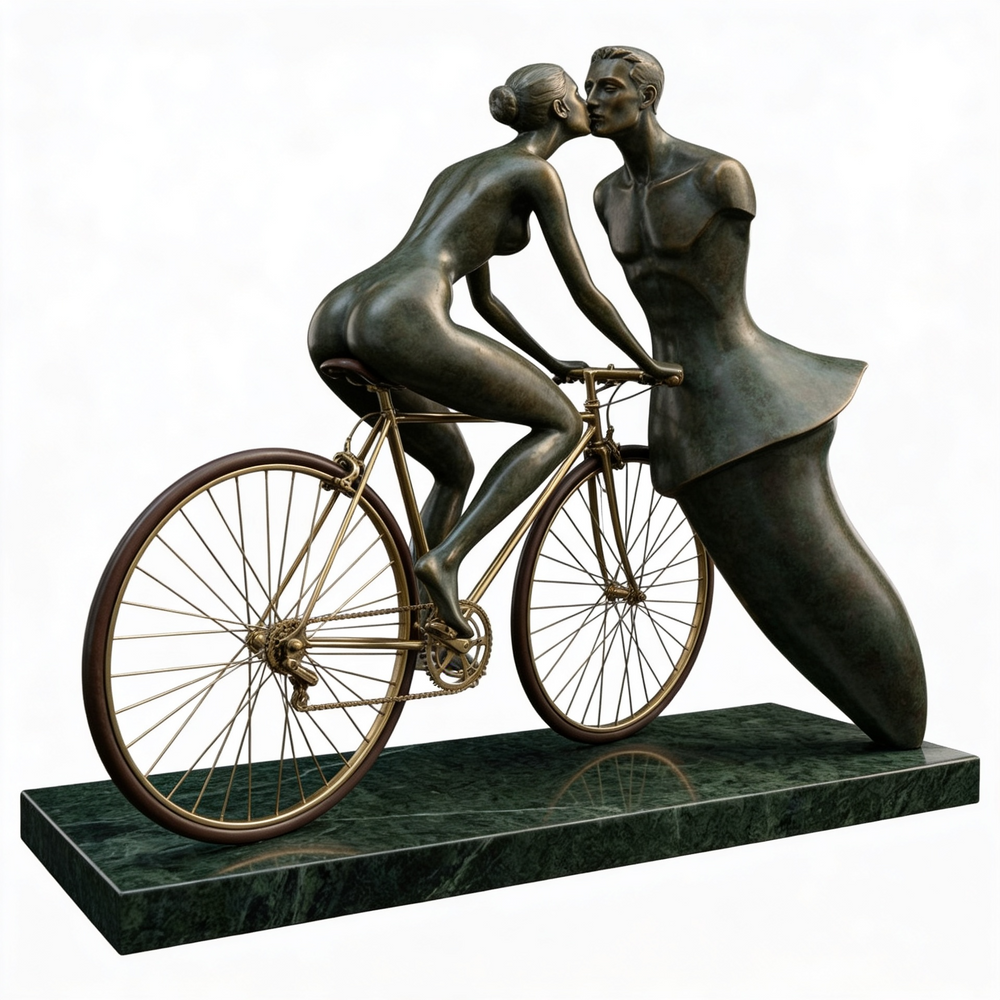 Bronze sculpture of a man and woman kissing on a bicycle
ronze sculpture of a kissing couple with one seated on a bicycle