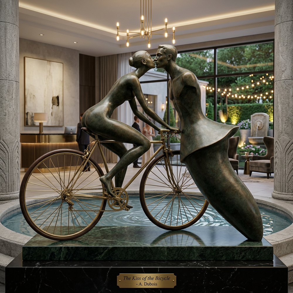 Bronze sculpture of two people on a bicycle in an indoor setting with decorative lighting and decor.