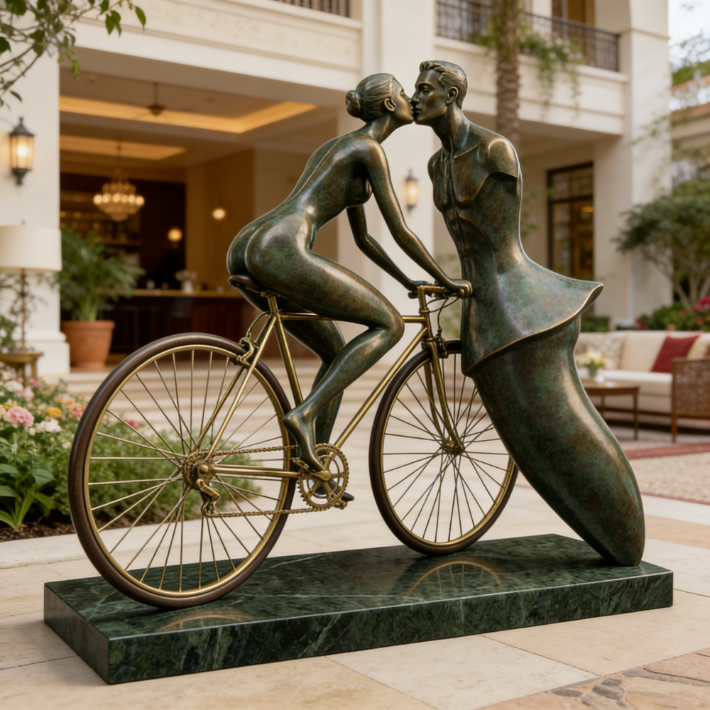 Bronze sculpture of a man and woman on a bicycle in front of a building.