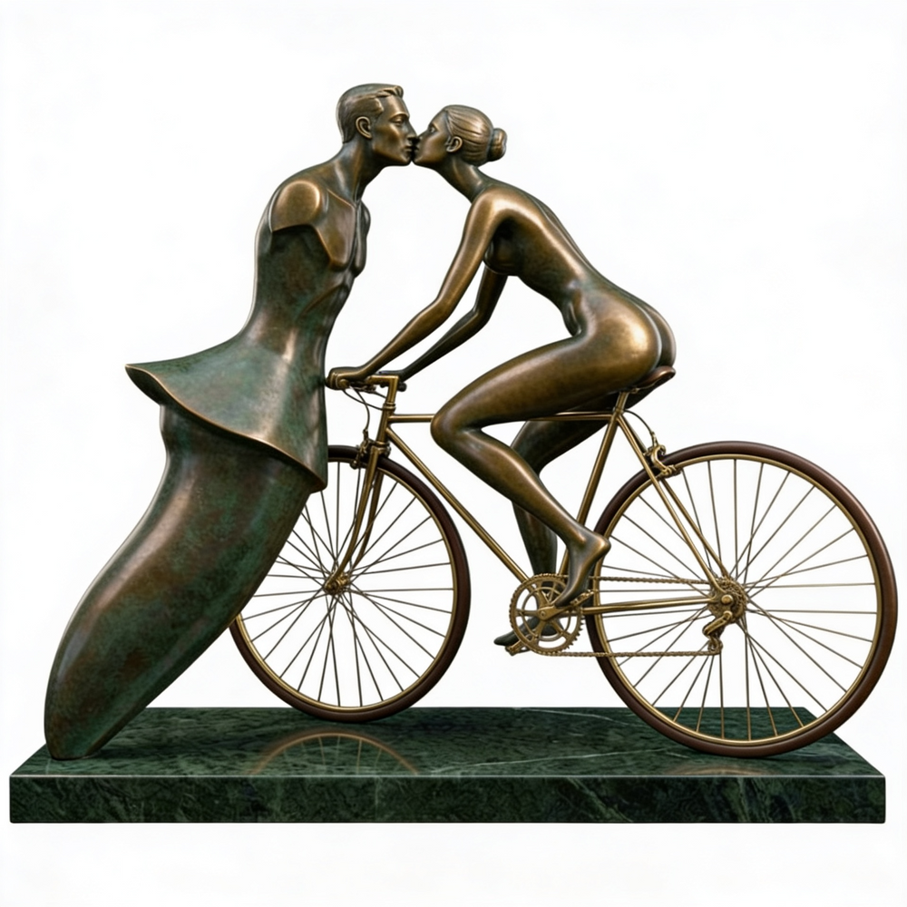 Bronze sculpture of a man and woman on a bicycle with a green base
Romantic bronze sculpture featuring a cyclist and abstract partner
