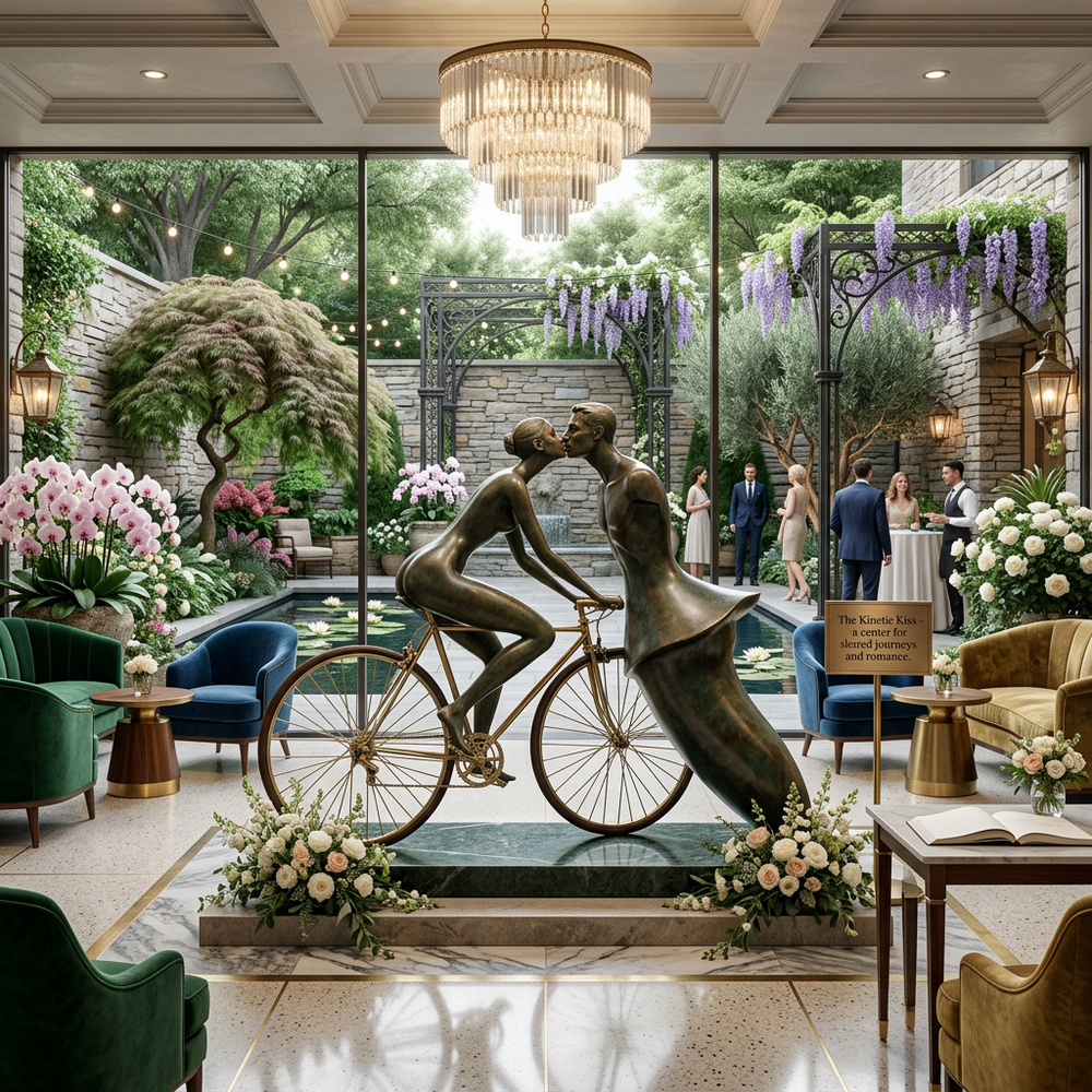 Statue of two people on a bicycle in a luxurious indoor setting with floral arrangements and people in the background.