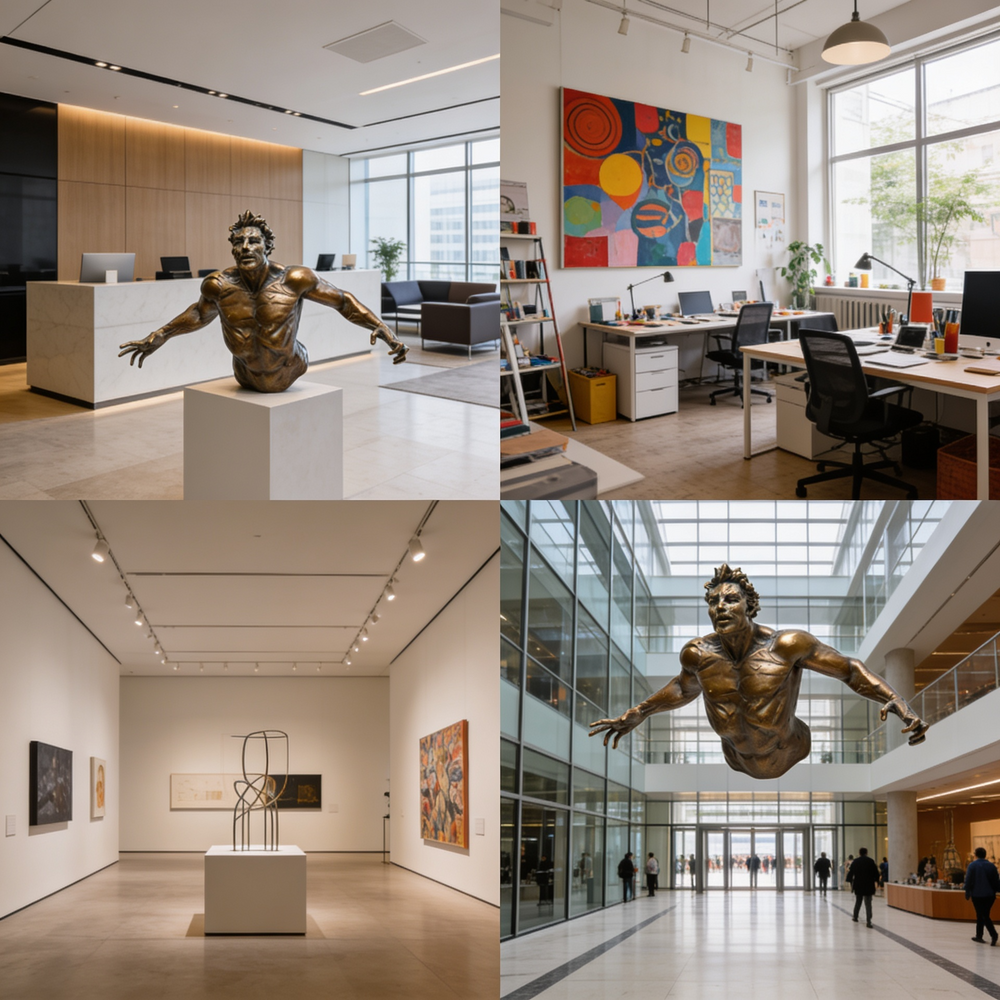 Collage of a bronze sculpture in various settings including an office, art gallery, and modern building interior.