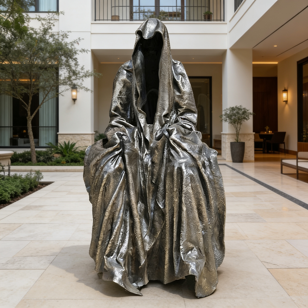 Bronze sculpture of a hooded figure in an outdoor setting with an architectural background
Metal sculpture of a faceless seated figure in a detailed cloak