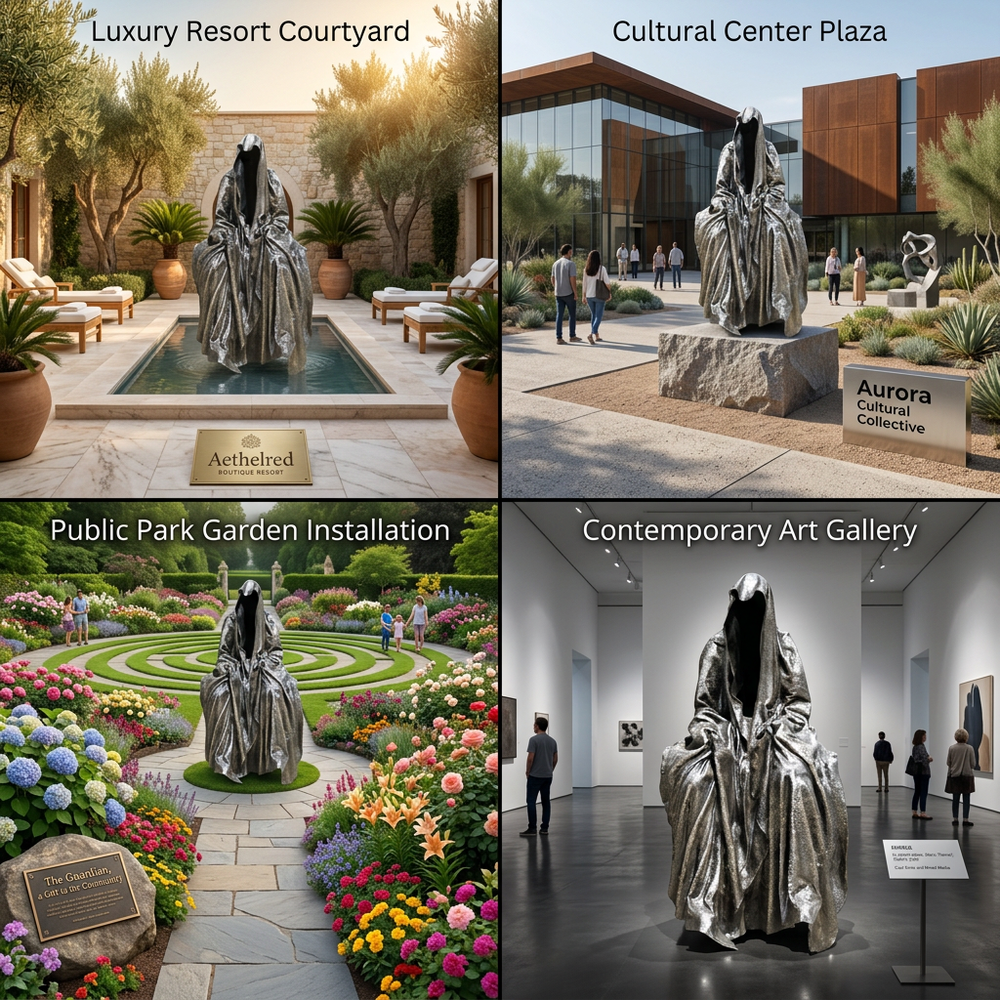 Collage of a silver statue in various settings, including a resort courtyard, cultural center plaza, public park, and art gallery.
Bronze artwork featuring a hooded figure with deep folds and shadows