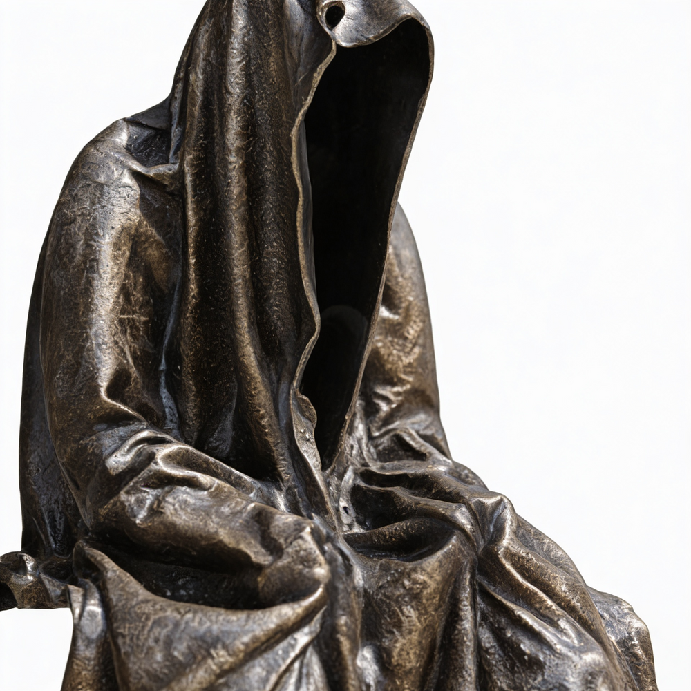 Bronze statue of a draped figure on a white background
Metal cloaked figure statue with detailed folds and seated posture