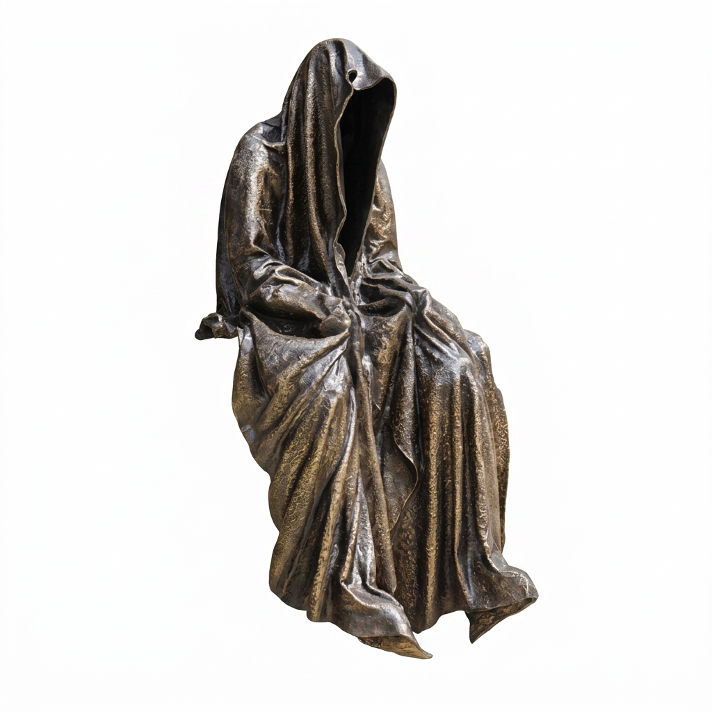Bronze statue of a hooded figure on a white background
Bronze hooded cloaked figure sculpture with flowing draped form
