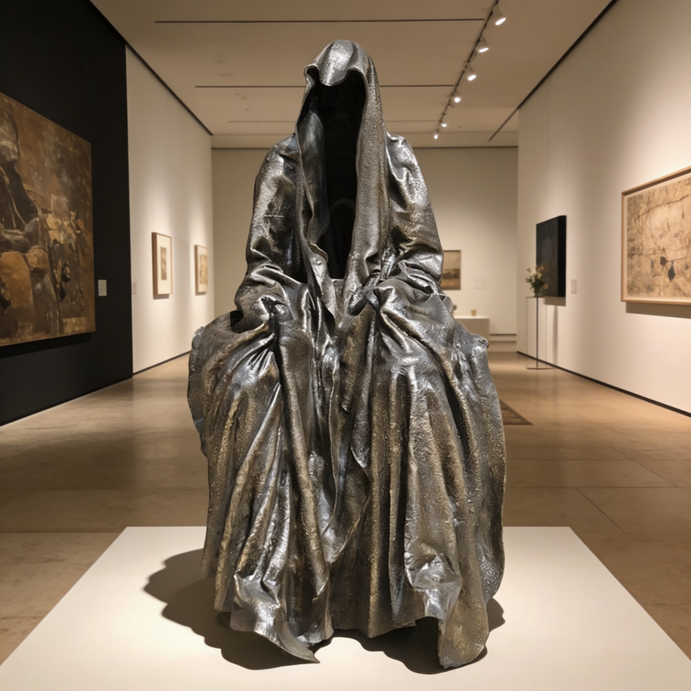 Bronze sculpture of a hooded figure in an art gallery setting
Seated hooded figure sculpture crafted in bronze with textured cloak.