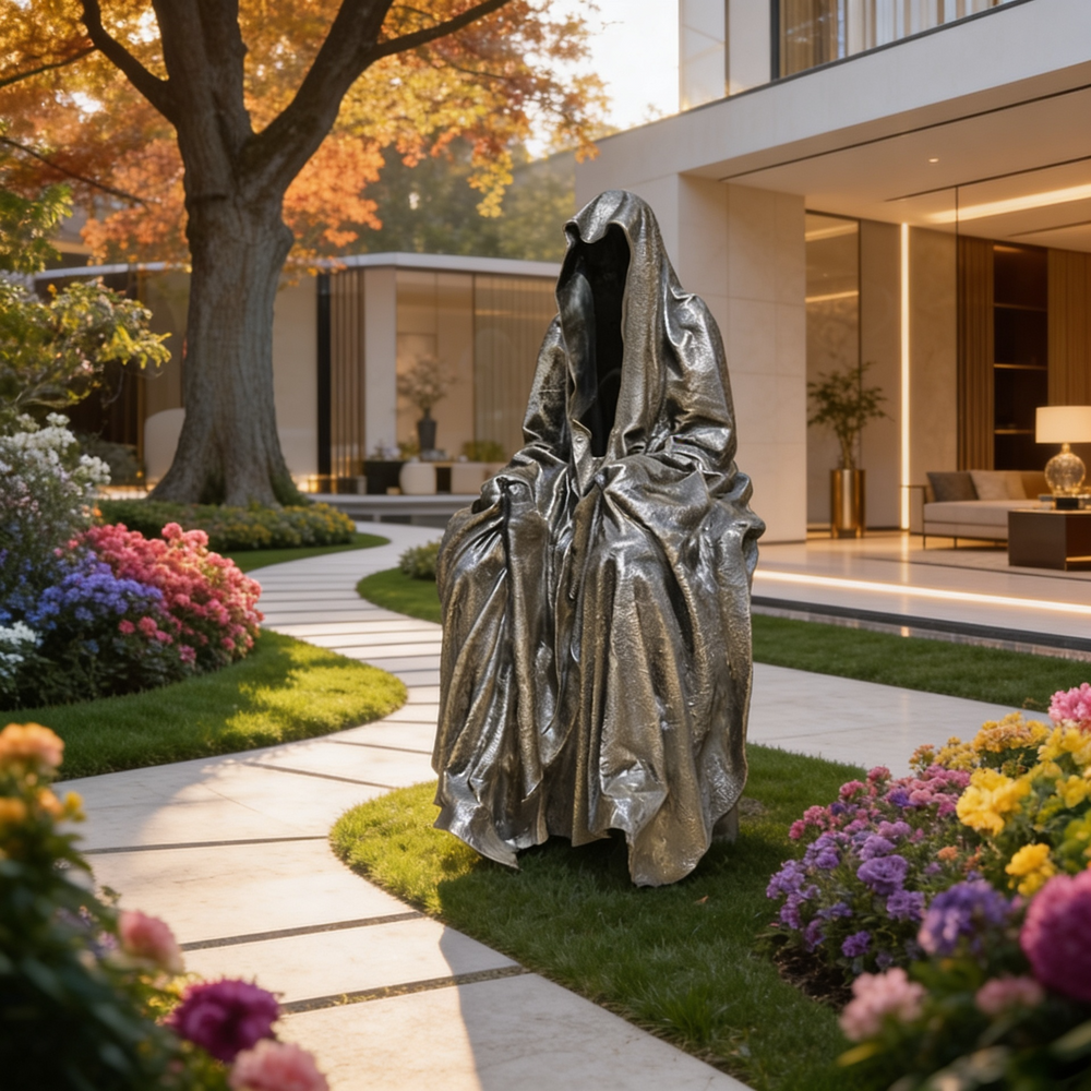 Statue in a garden with colourful flowers and a modern house in the background
Bronze faceless figure artwork with flowing, ghost‑like drapery