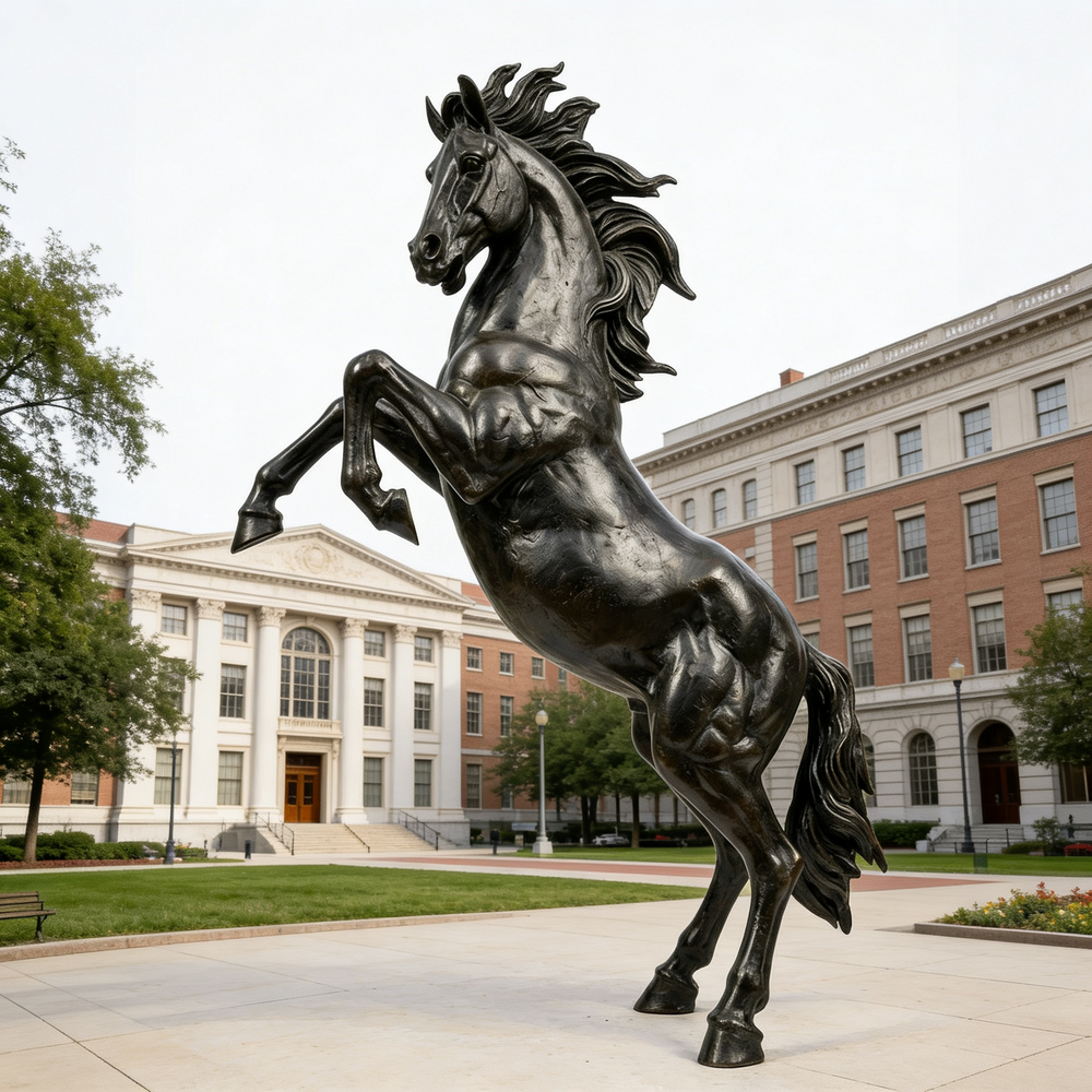 Bronze horse statue in front of a building with a clear sky
Metal stallion statue rising on hind legs in dynamic pose