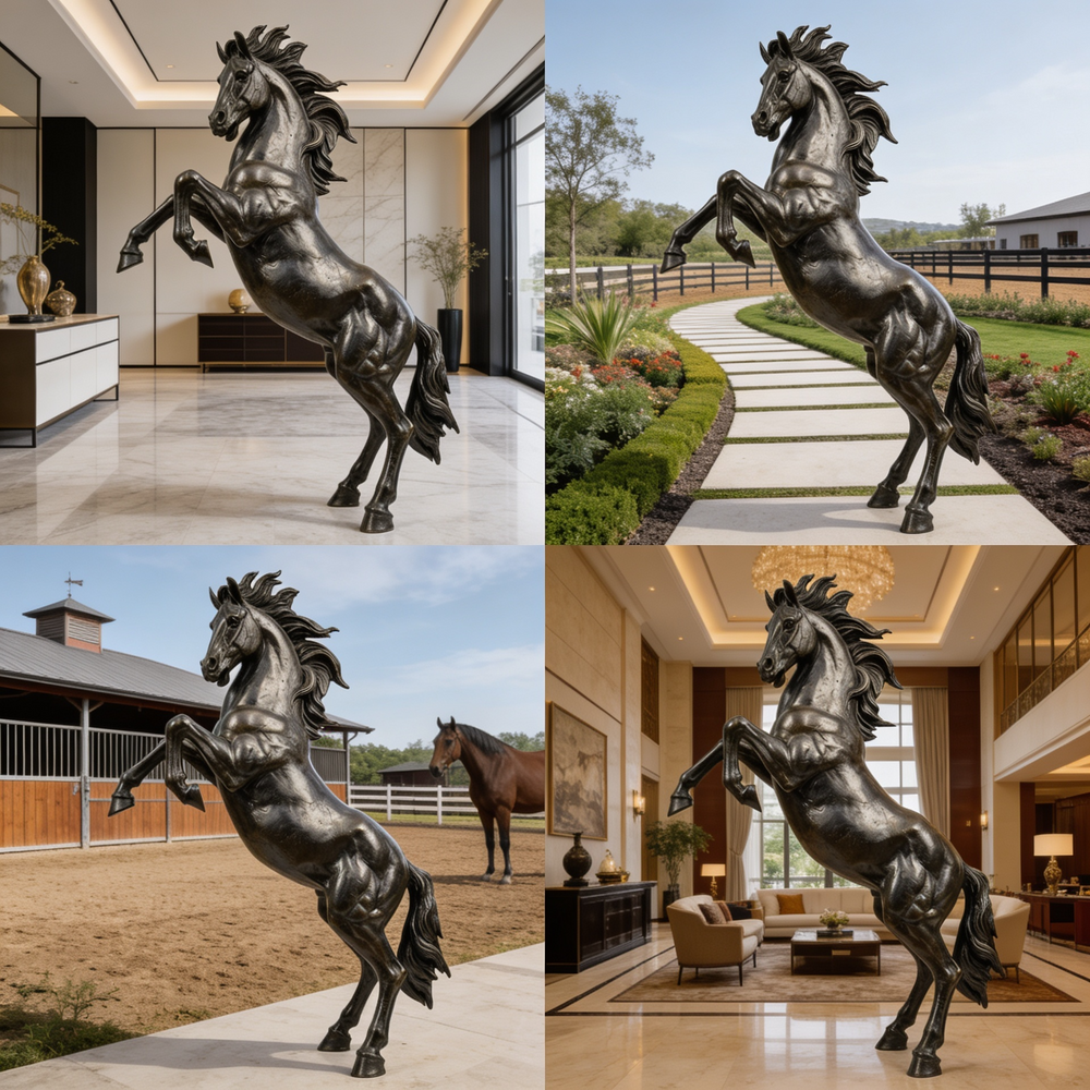 Bronze horse statue in various settings including a home interior, outdoor garden, and indoor setting.
Metallic stallion statue showcasing strength and dramatic posture
