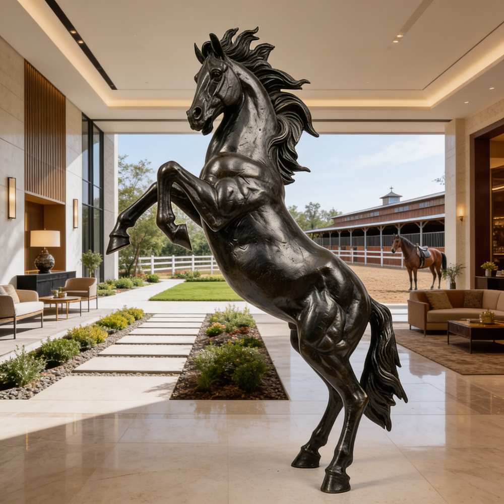 Bronze horse statue in a modern indoor setting with a view of a horse in an outdoor arena.
Metallic stallion statue showcasing strength and dramatic posture