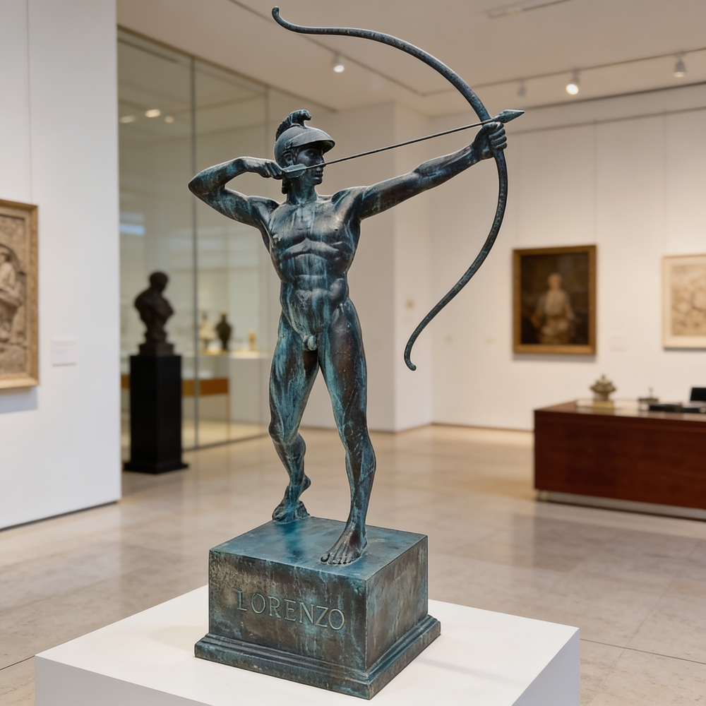 Bronze warrior statue posed in a dynamic archery stance