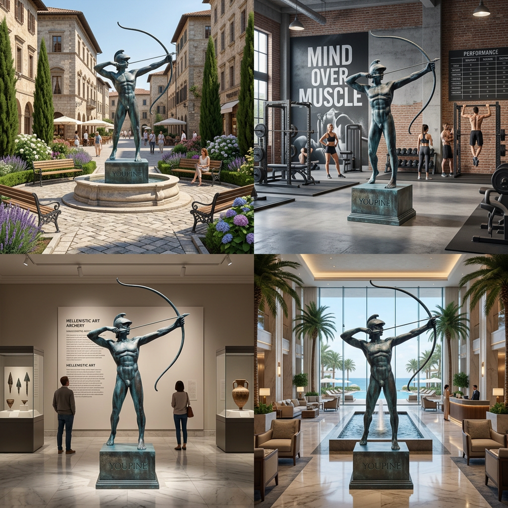 Collage of a statue in various settings including a town square, gym, museum, and hotel lobby.