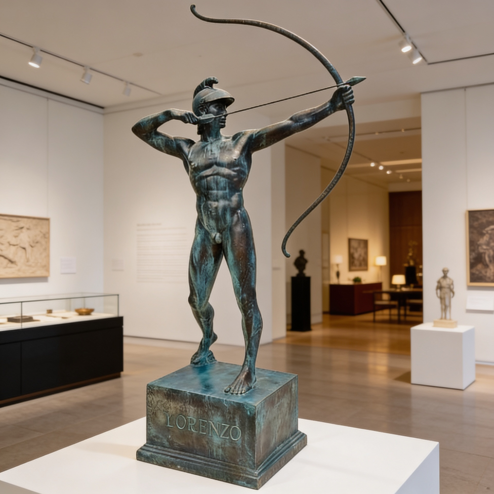 Bronze statue of a archer labeled 'Lorenzo' in an art gallery setting.
Metal archer figure with helmet and detailed muscular anatomy