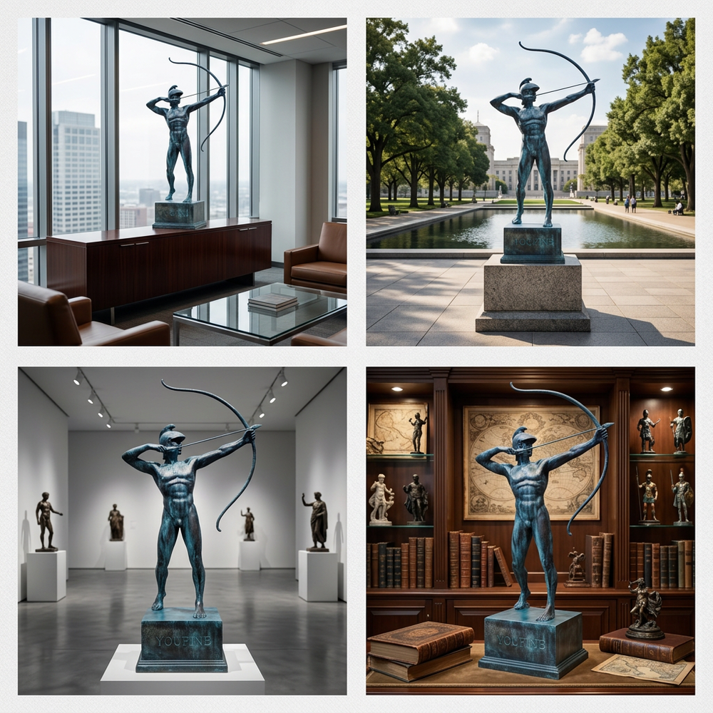 Collage of a bronze statue of a archer in various settings including indoors and outdoors.
Bronze sculpture of a warrior pulling a bowstring