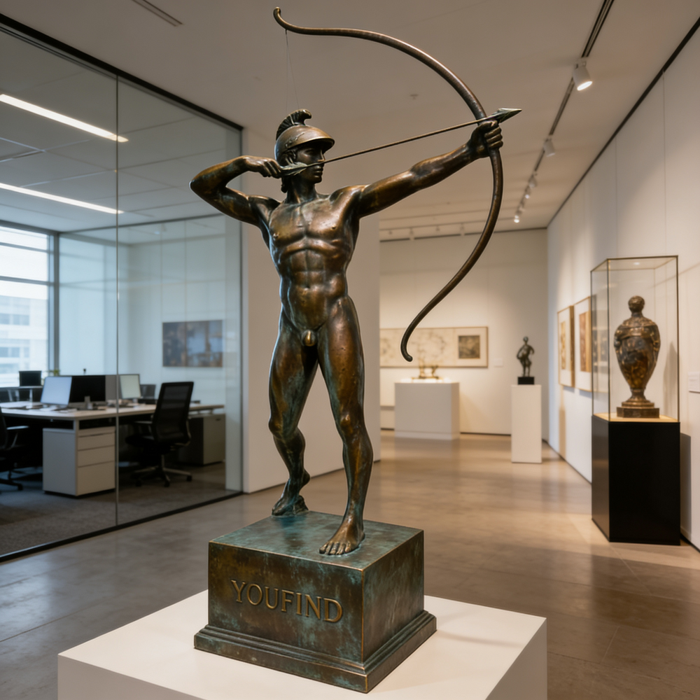 Warrior archer statue with detailed posture and polished bronze finish