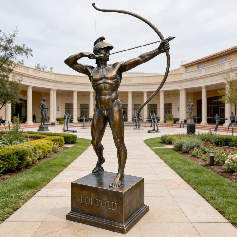 Bronze statue of a archer in a courtyard with a building in the background
Metal statue of a helmeted archer preparing to shoot an arrow