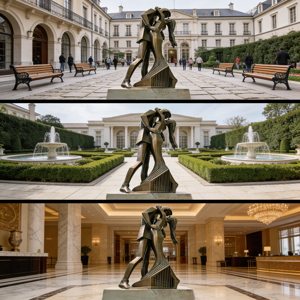 Bronze sculpture of a couple in an open courtyard, garden, and indoor setting.