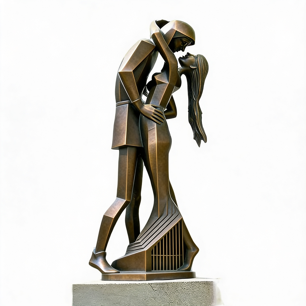 Bronze statue of a couple embracing on a white background