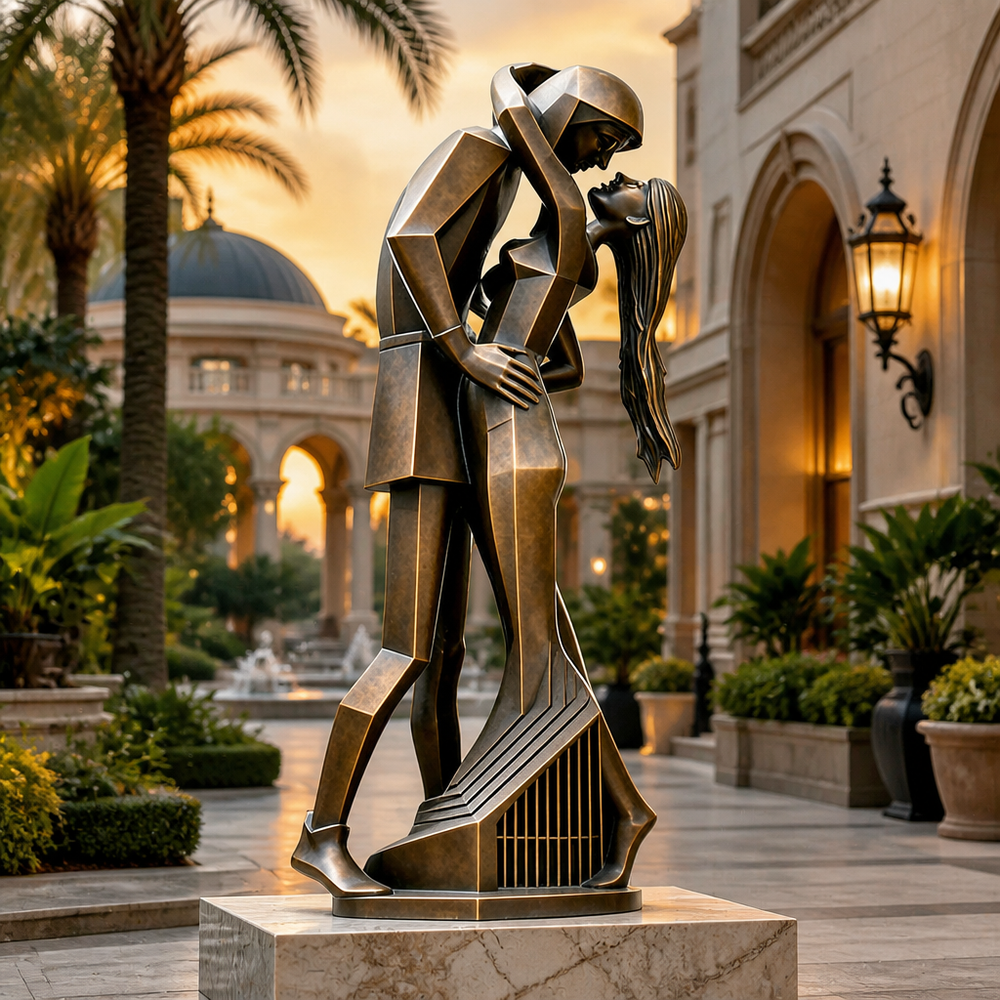 Bronze statue of a couple embracing in an outdoor setting with architectural elements and plants.