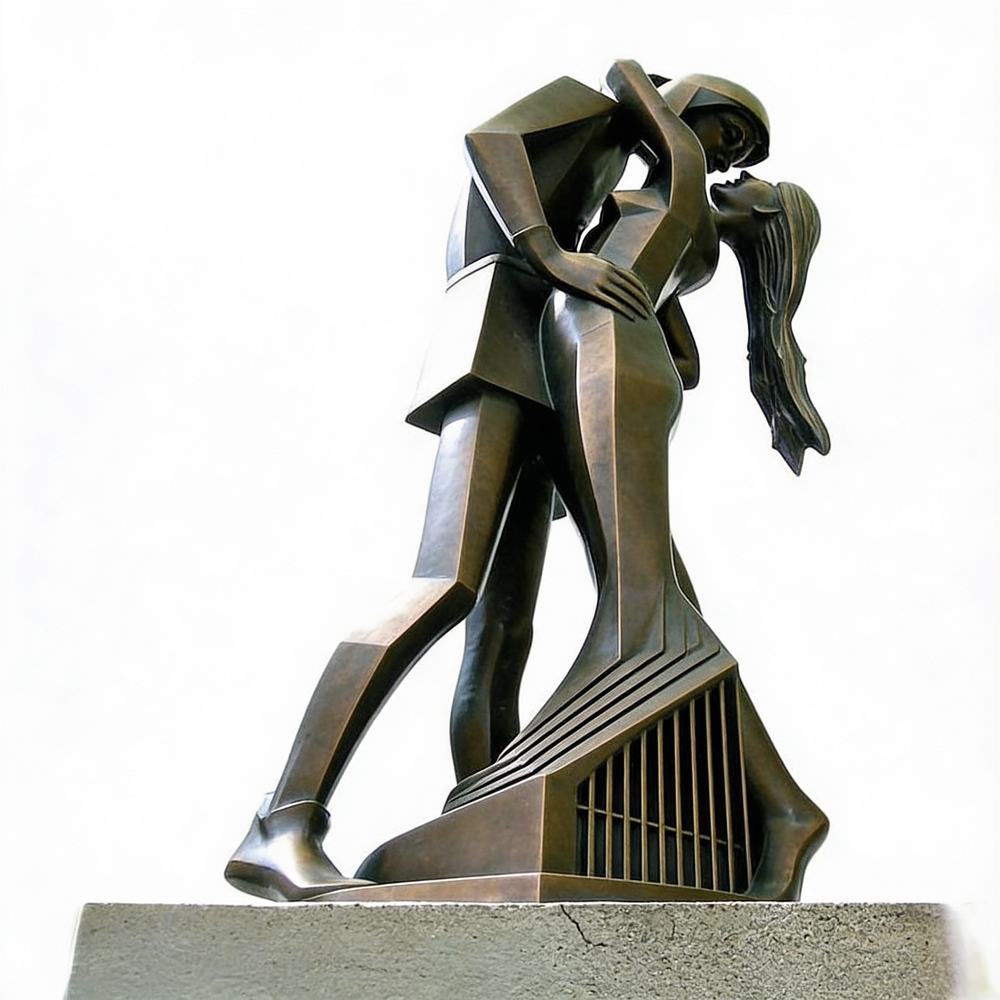 Bronze sculpture of a couple embracing on a white background