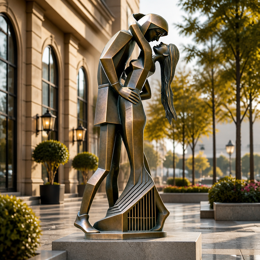 Bronze statue of a couple embracing in an urban setting with trees and buildings.
