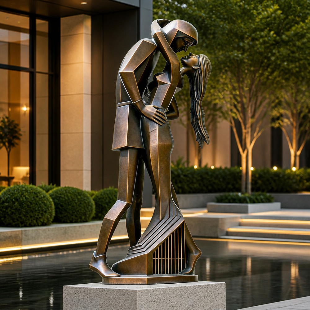 Bronze statue of a couple embracing in an urban setting with trees and building.