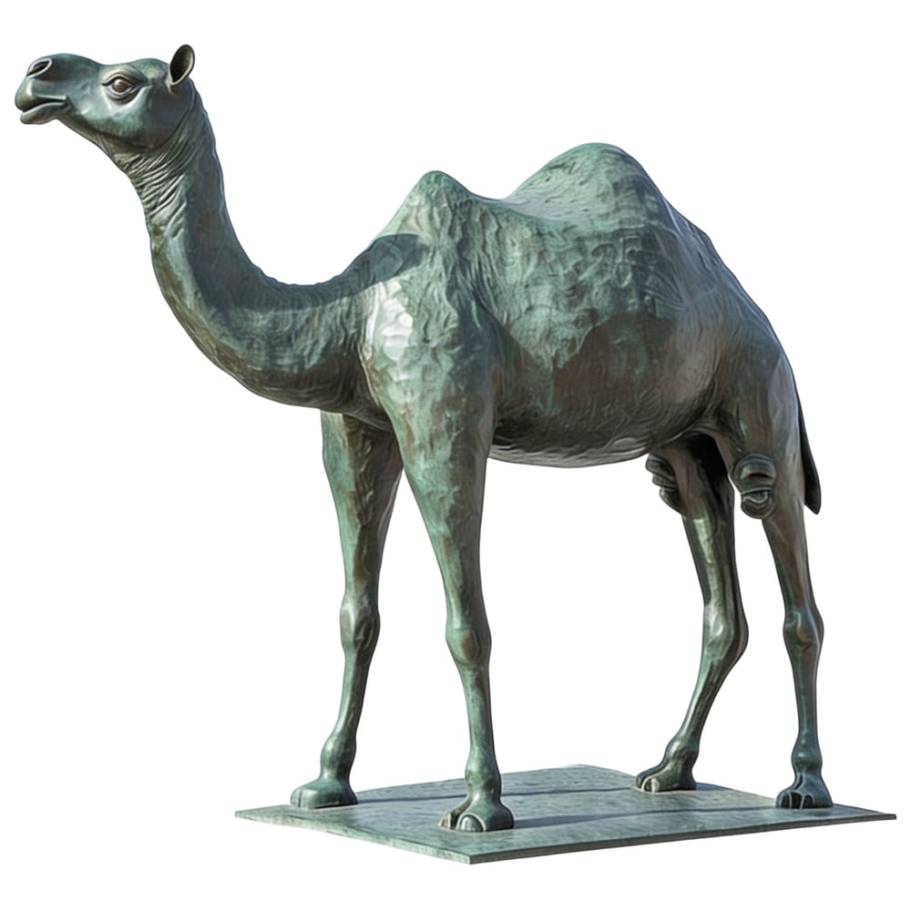 Bronze statue of a camel on a white background