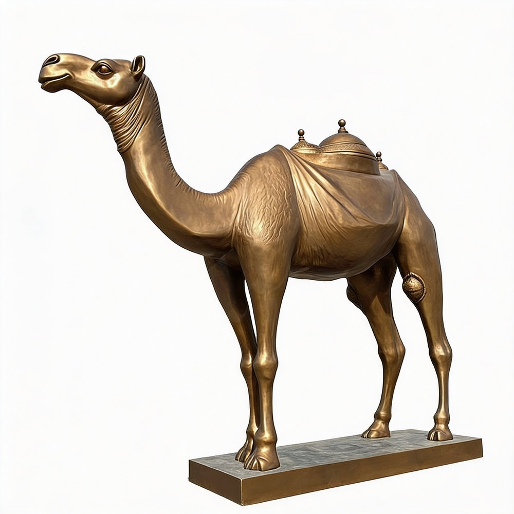 Bronze camel sculpture on a white background