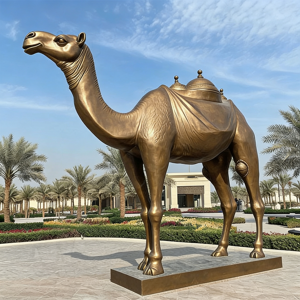 Bronze camel statue in a park with palm trees and a building in the background